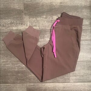 Figs Brown (Smokey Taupe) Joggers Scrubs Pants with Pink Drawstring